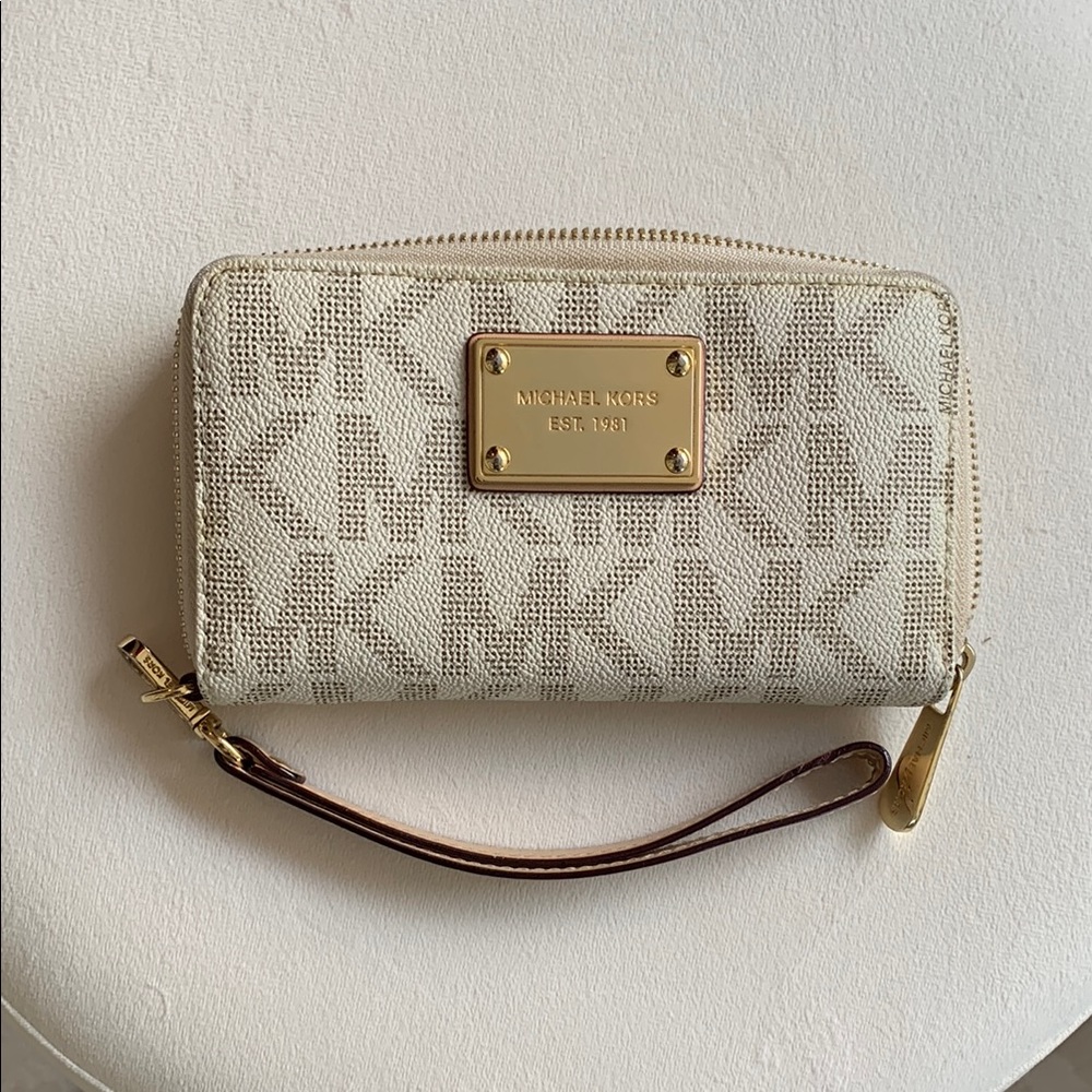 Michael Kors Cream and Gold Clutch with Monogram Pattern